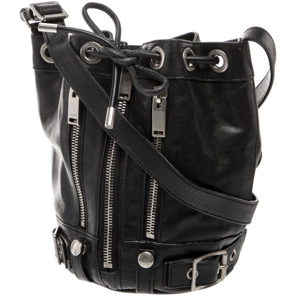 YSL Black Leather Bucket Bag Silver Belt Whimsigoth Crossbody Shoulder Goth EC - Picture 8 of 9